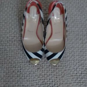 Loubatons Blue/White striped with classic Red sole